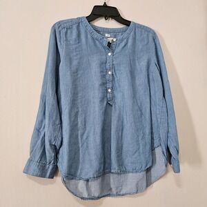 LOFT The Softened Medium Petite Blue Chambray Henley Tunic Shirt High-Low Hem